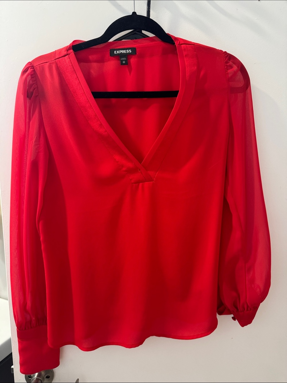Express Bright Red V-Neck Sheer Sleeve Blouse